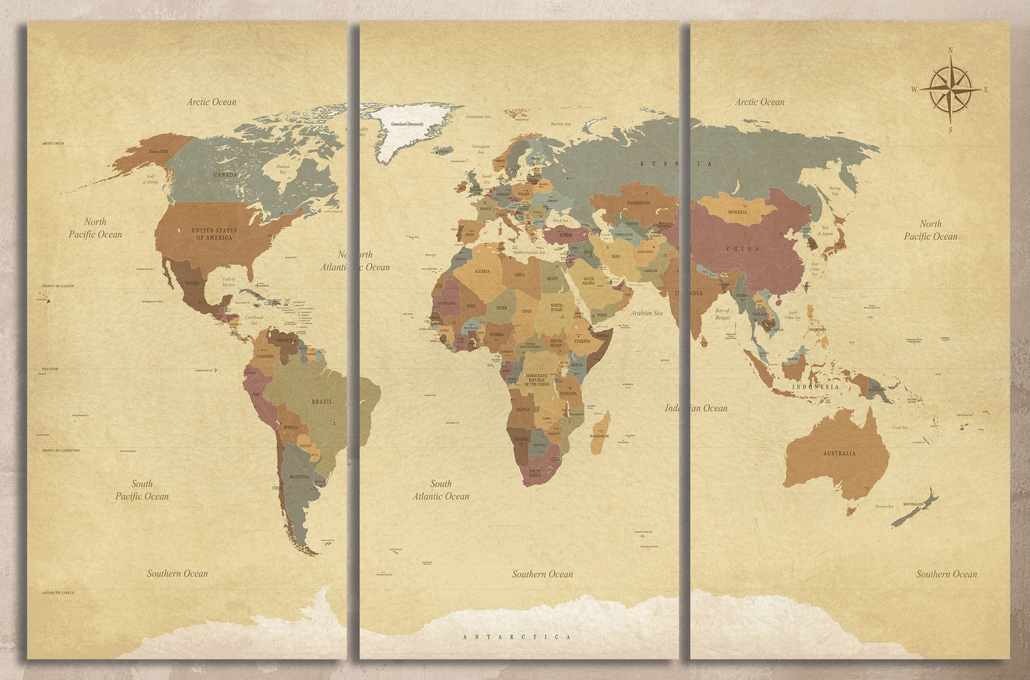 Push Pin Vintage Political World Map Leather Print
