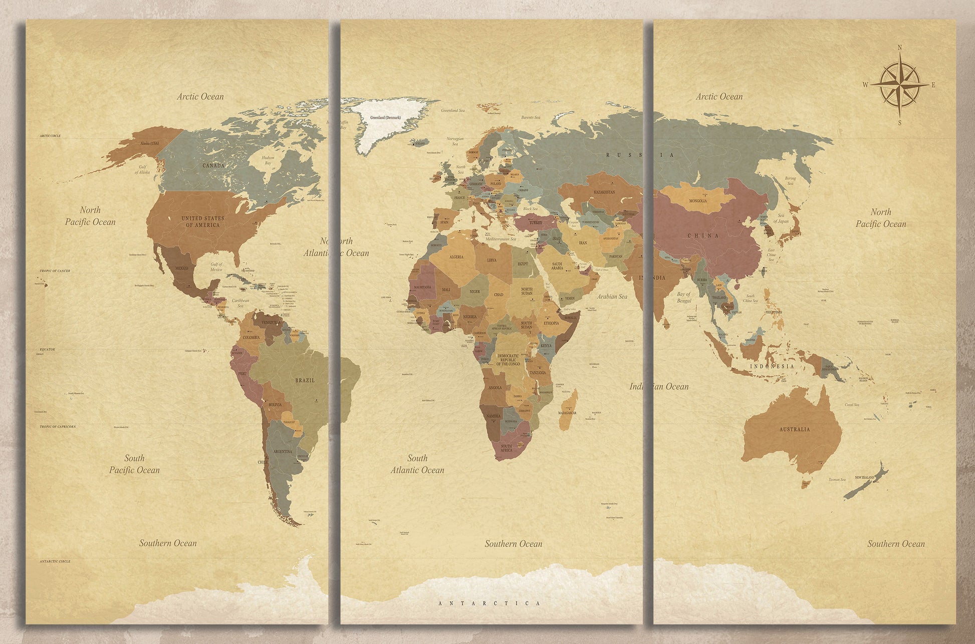 Push Pin Vintage Political World Map Leather Print