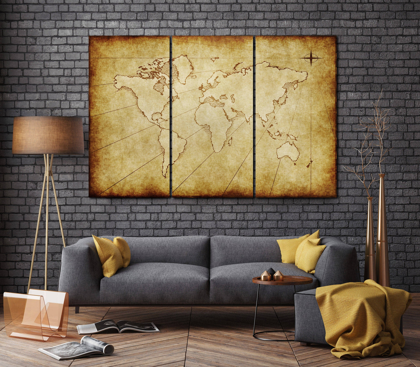 Old Grunge Artistic Beige World Map Canvas Eco Leather Print