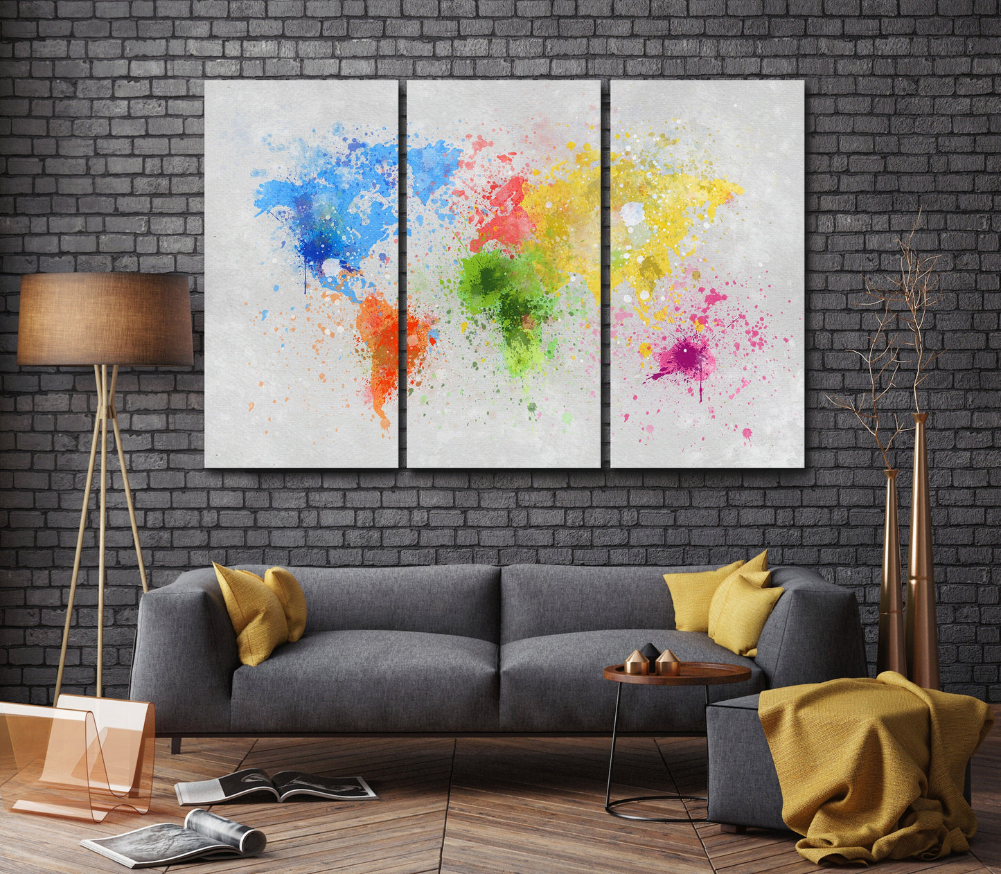 World Map Color Paint Leather Print 3 Panels Lounge