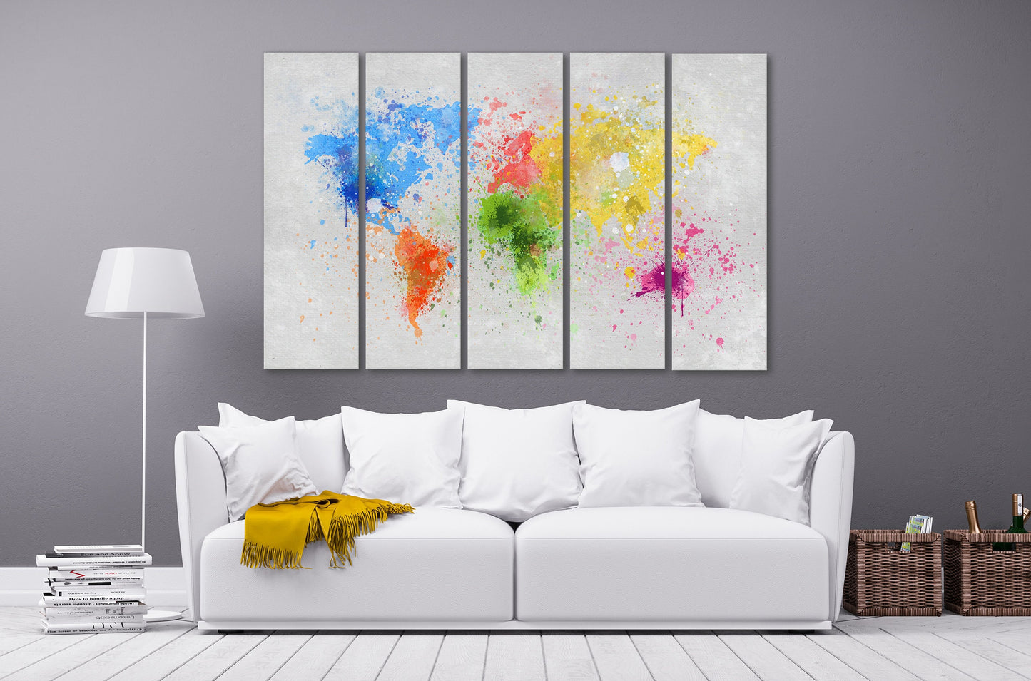 World Map Color Paint Leather Print 5 Panels Lounge
