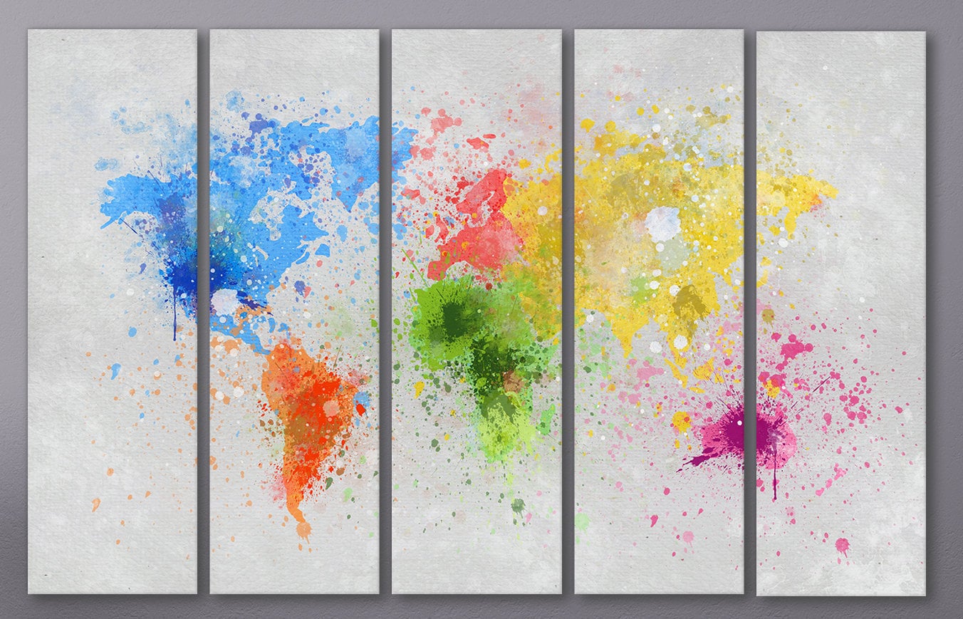 World Map Color Paint Leather Print 5 Panels