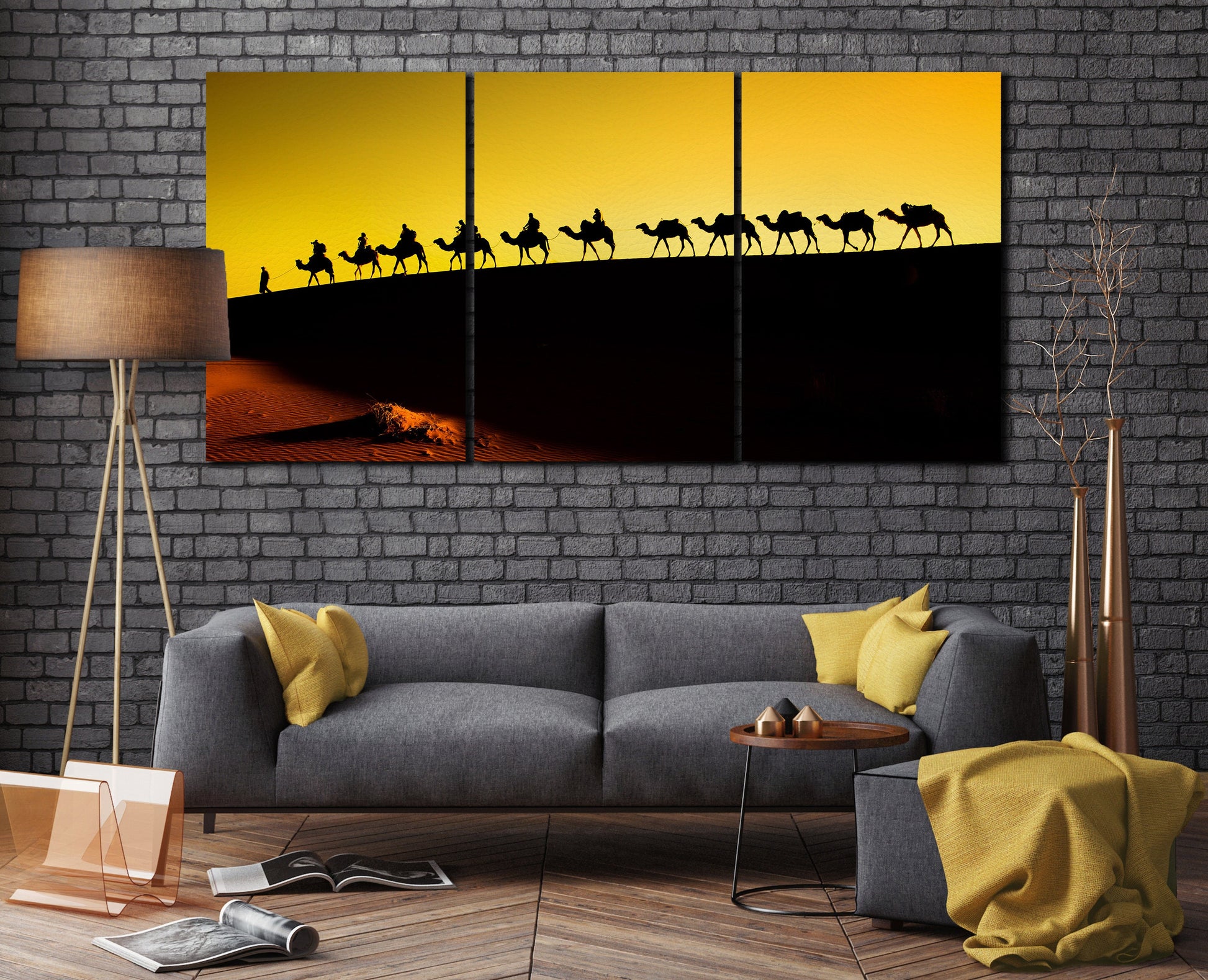Sahara Desert, Camel Caravan Framed Canvas Leather Print