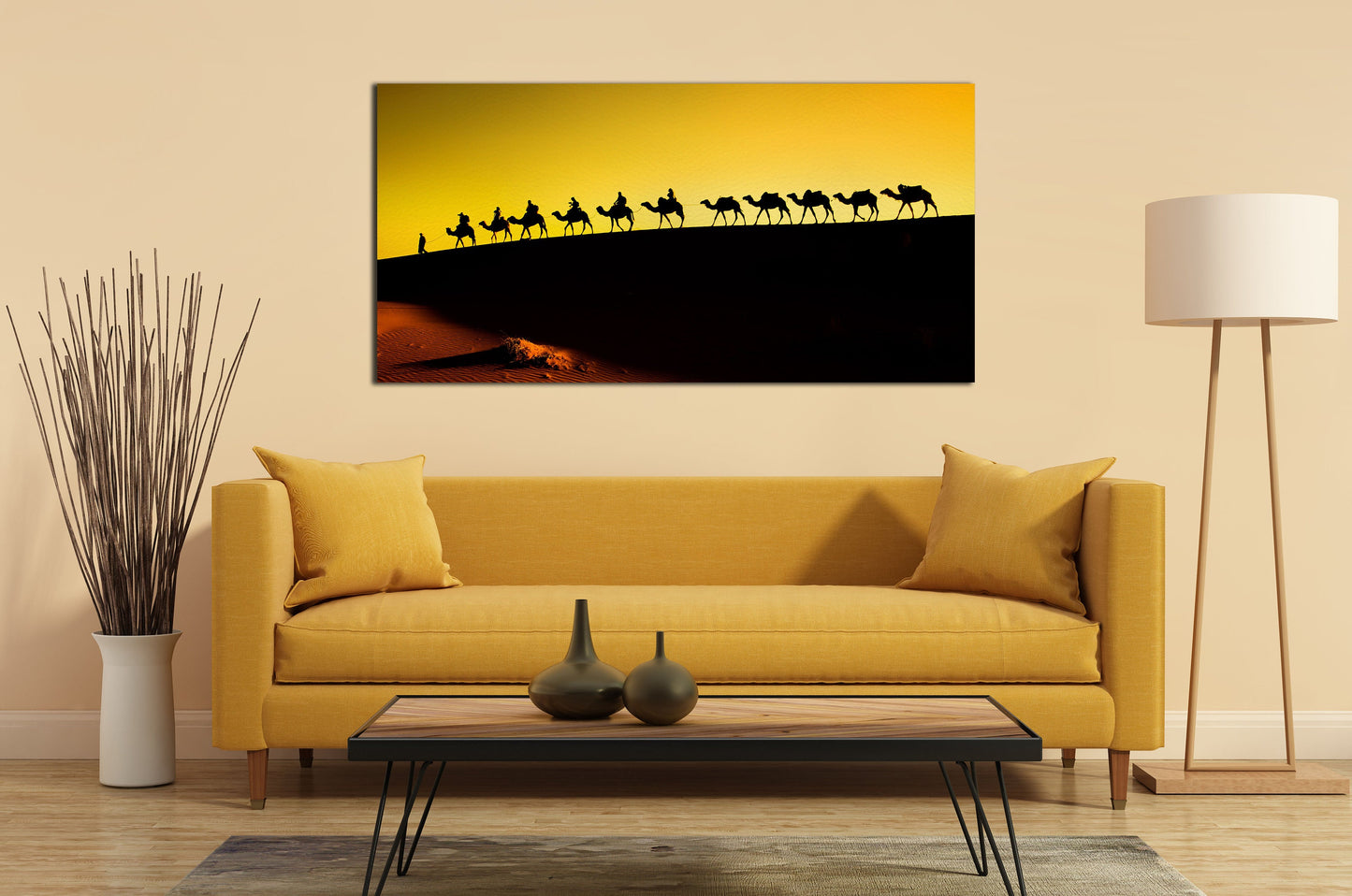 Sahara Desert, Camel Caravan Framed Canvas Leather Print