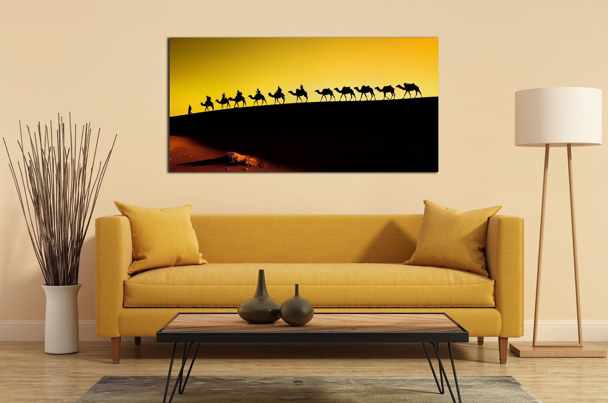 Sahara Desert, Camel Caravan Framed Canvas Leather Print