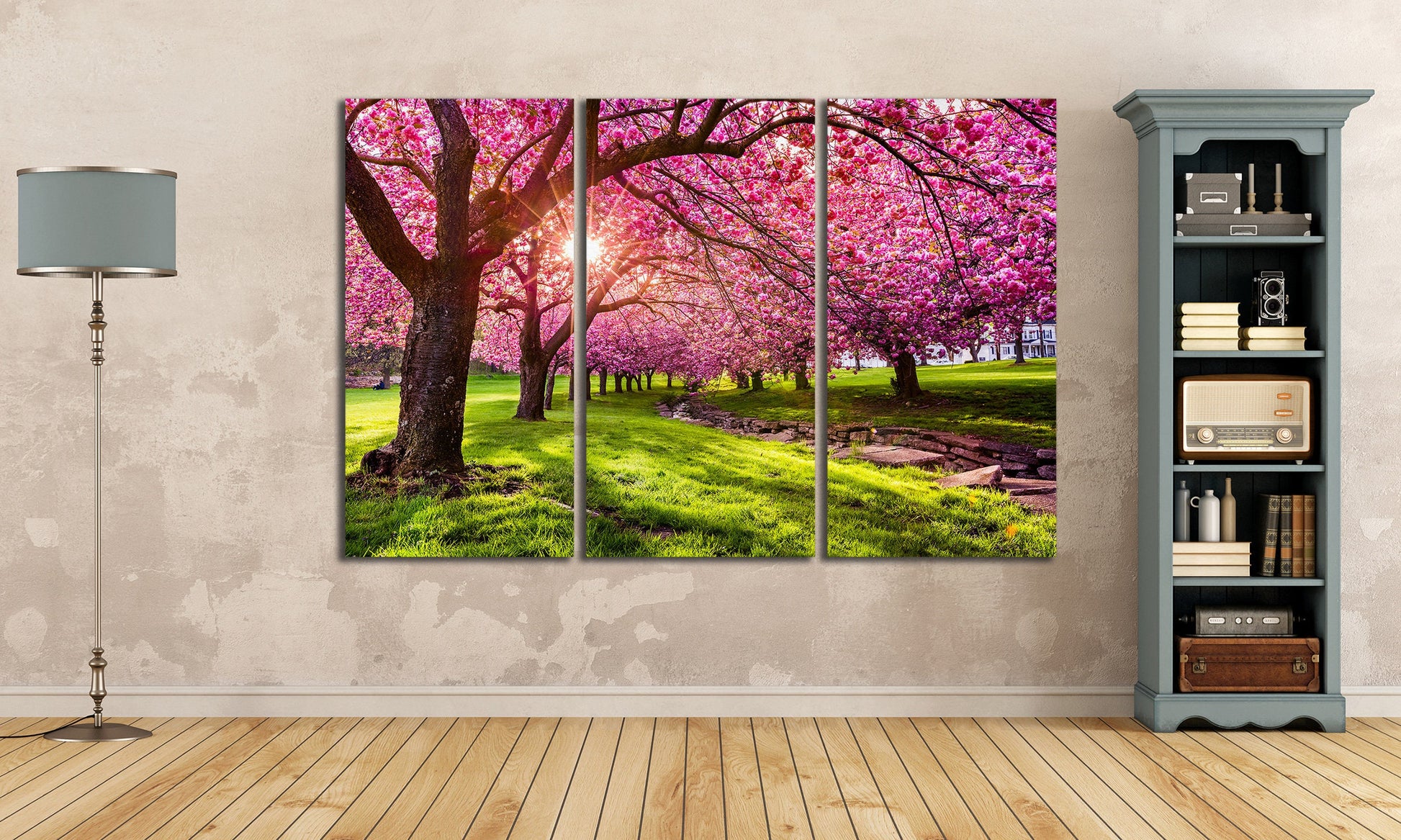 Cherry Tree Blossom Canvas Eco Leather Print Triptych Beige Wall