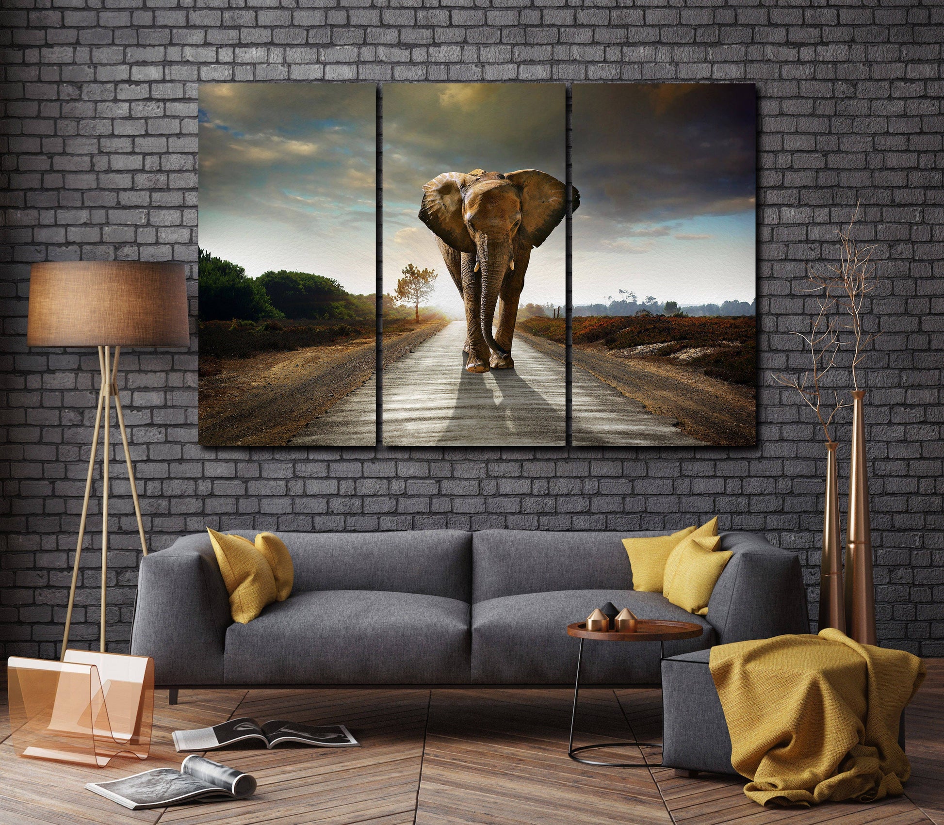 Wild Elephant Walking Home Art Canvas Eco Leather Print