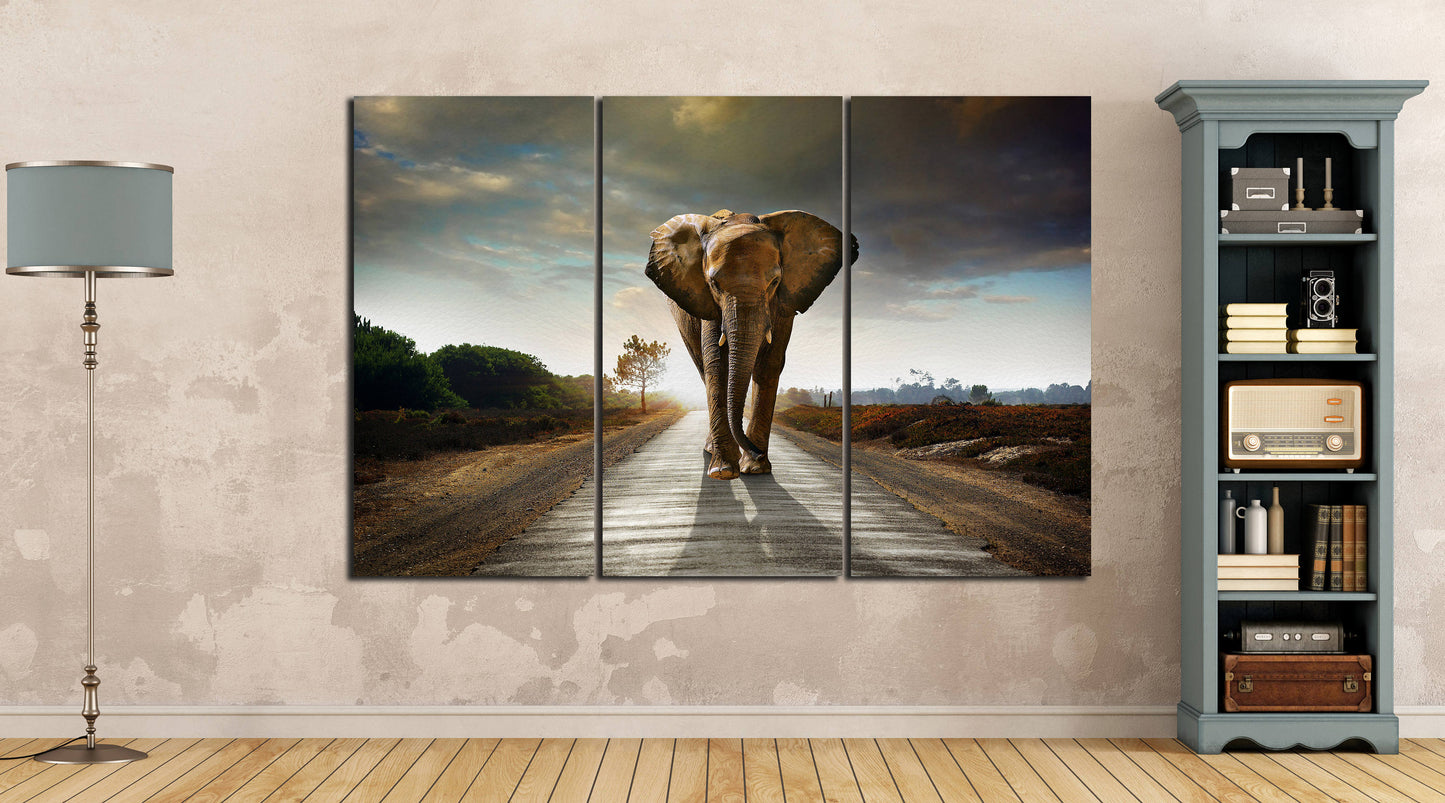 Wild Elephant Walking Home Decor Canvas Eco Leather Print