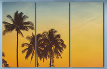 Laden Sie das Bild in den Galerie-Viewer, Palm Tree Silhouette at Sunset Wall Art Canvas Eco Leather Print 3 Panels Closeup