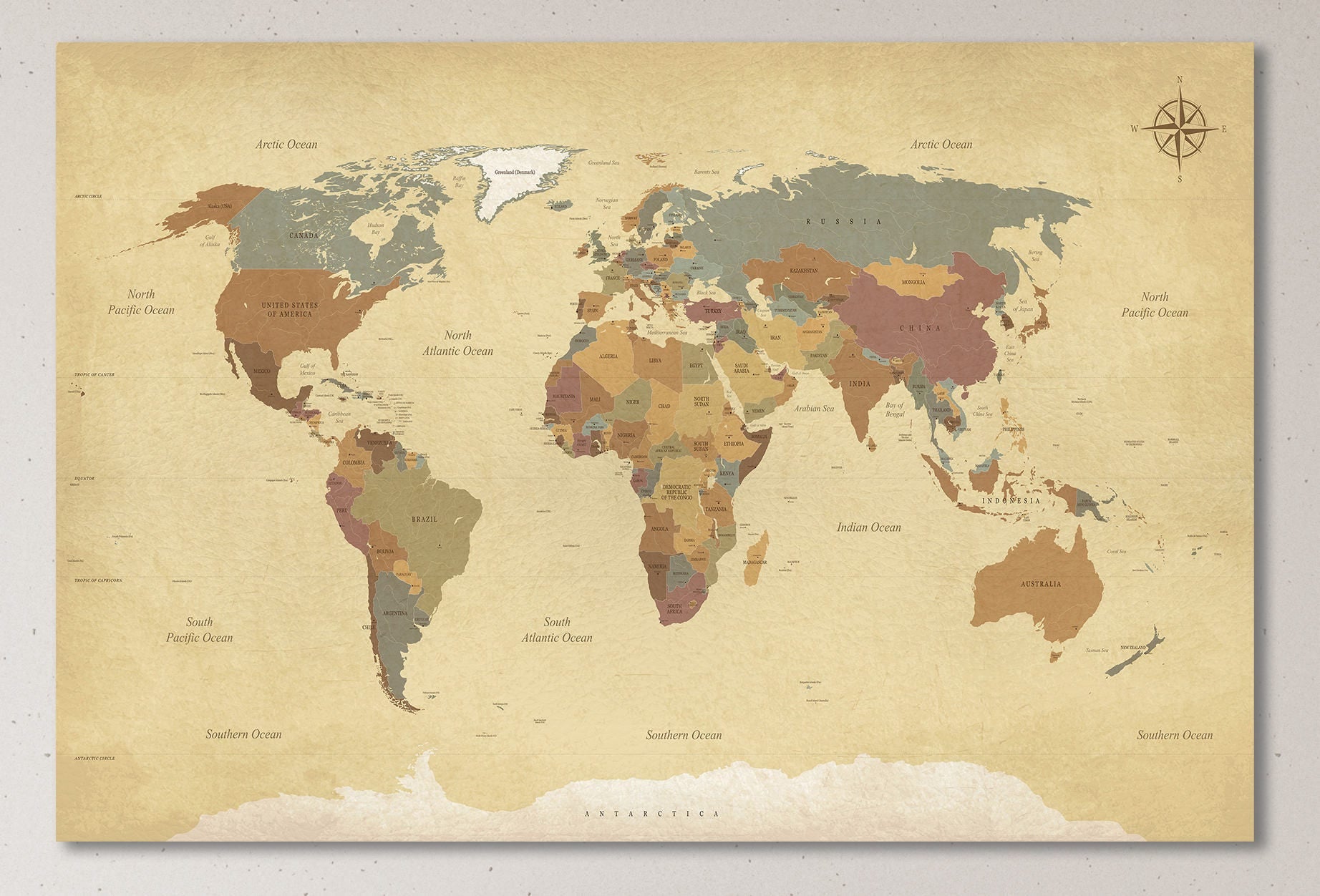 Push Pin Vintage Political World Map Leather Print