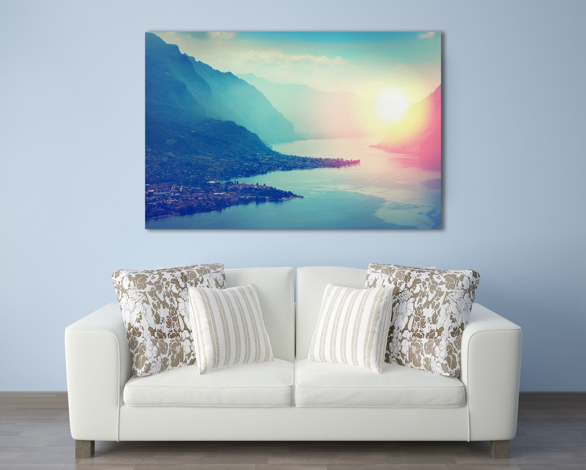 Lake Como at Sunset Framed Canvas Leather Print