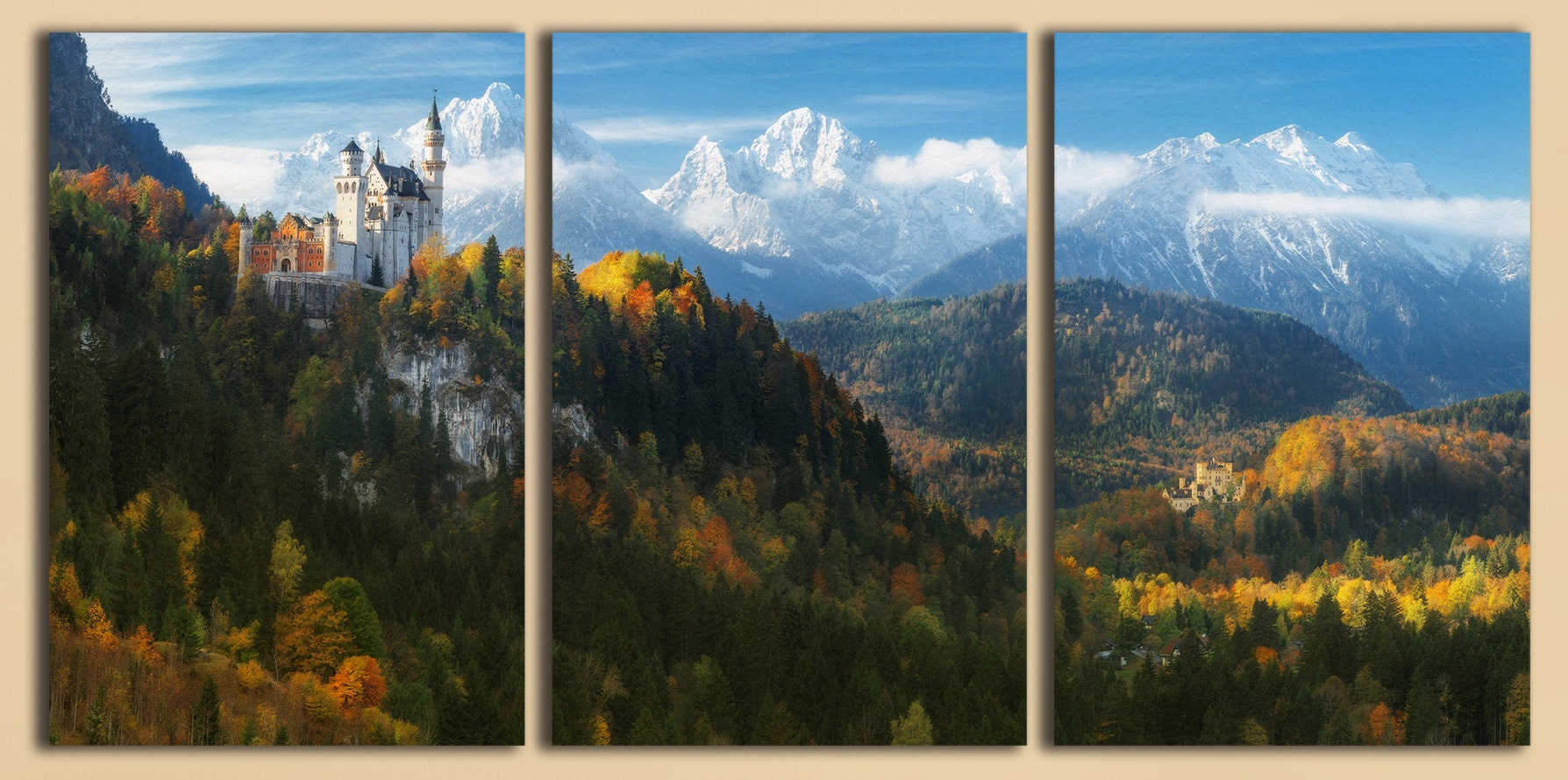 Neuschwanstein Castle and Hohenschwangau Castle, Bavaria, Deutschland Framed Canvas Leather Print