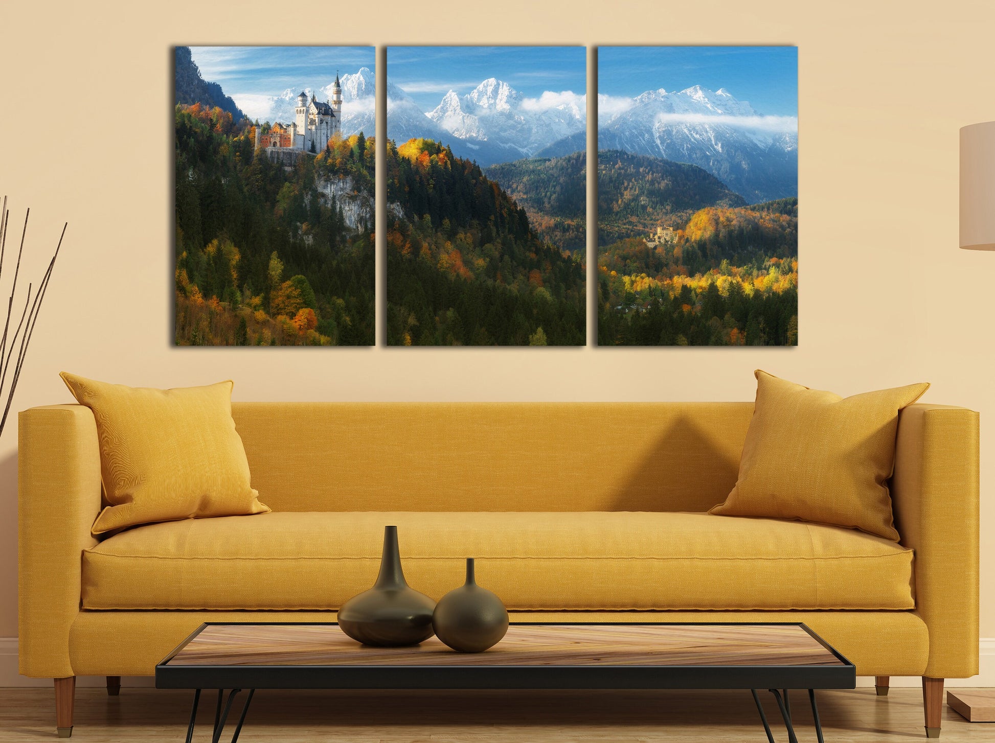 Neuschwanstein Castle and Hohenschwangau Castle, Bavaria, Deutschland Framed Canvas Leather Print
