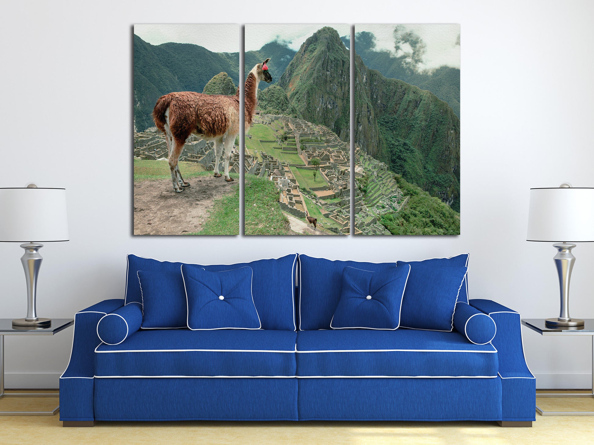 Machu Picchu Alpaca 3 Panel Framed Canvas Leather Print