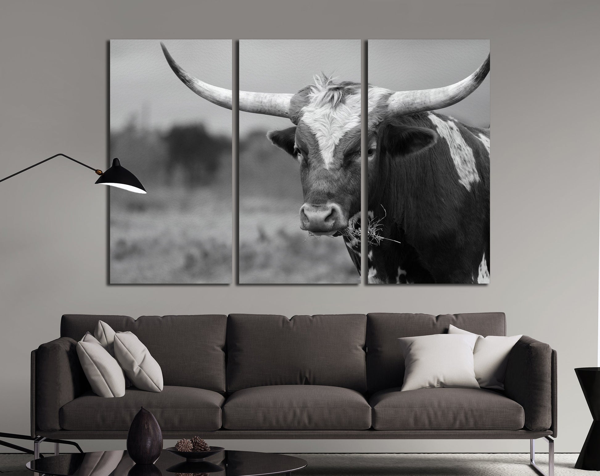 Texas Longhorn Steer Black And White PETA Approved Faux Leather Art