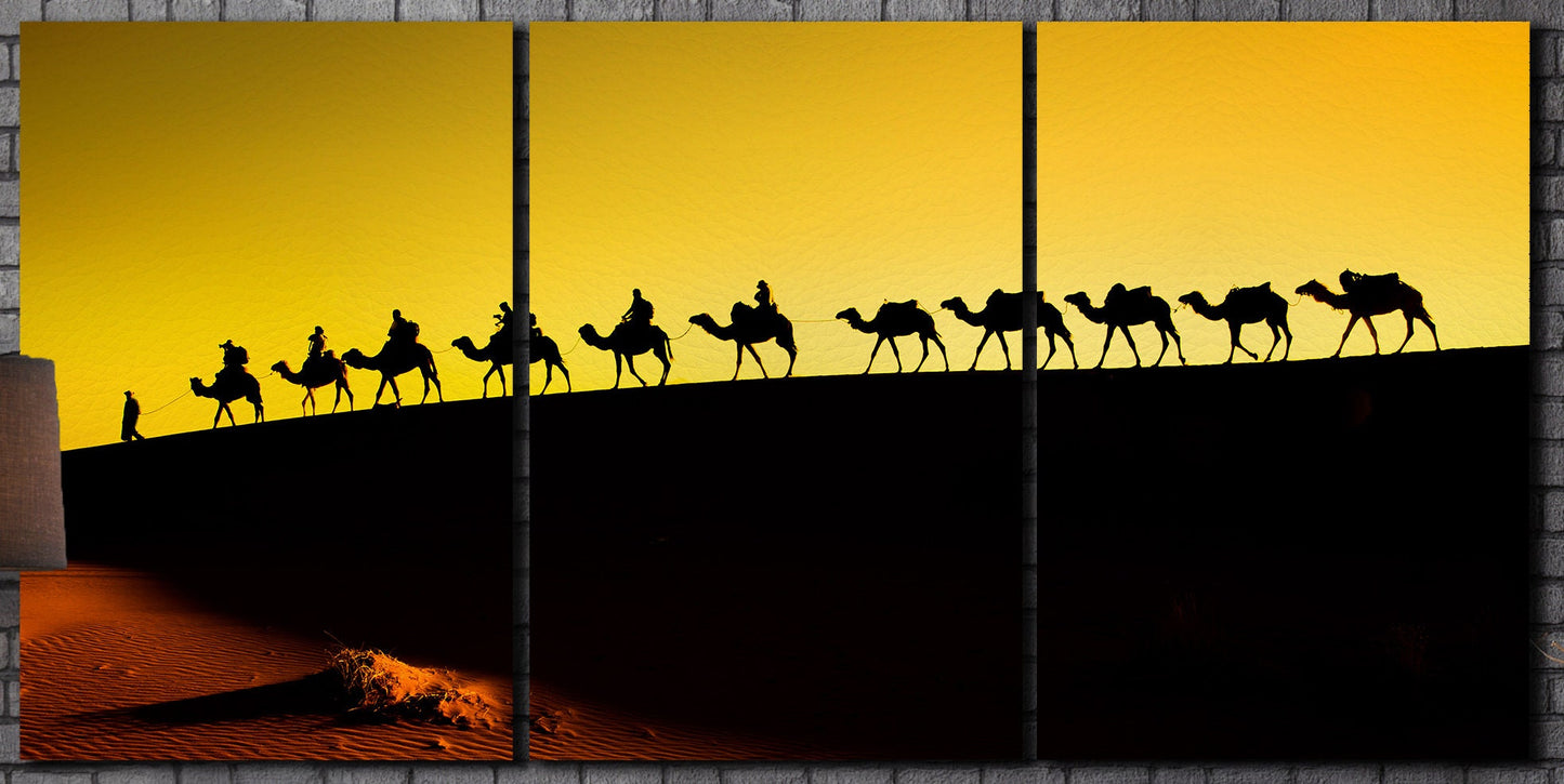 Sahara Desert, Camel Caravan Framed Canvas Leather Print