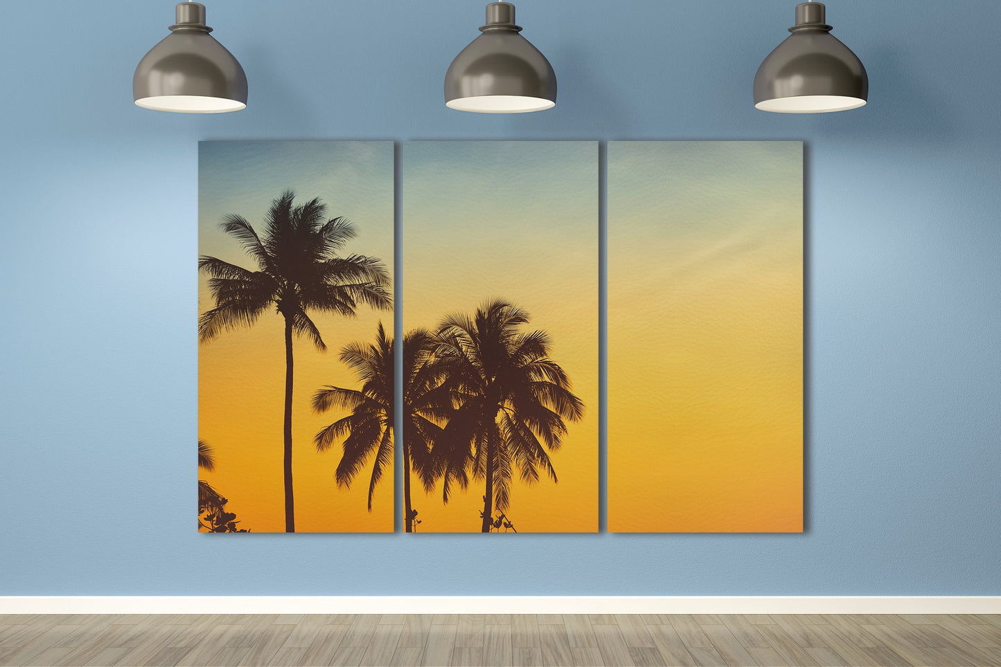 Palm Tree Silhouette at Sunset Wall Art Canvas Eco Leather Print 3 Panels Living Room