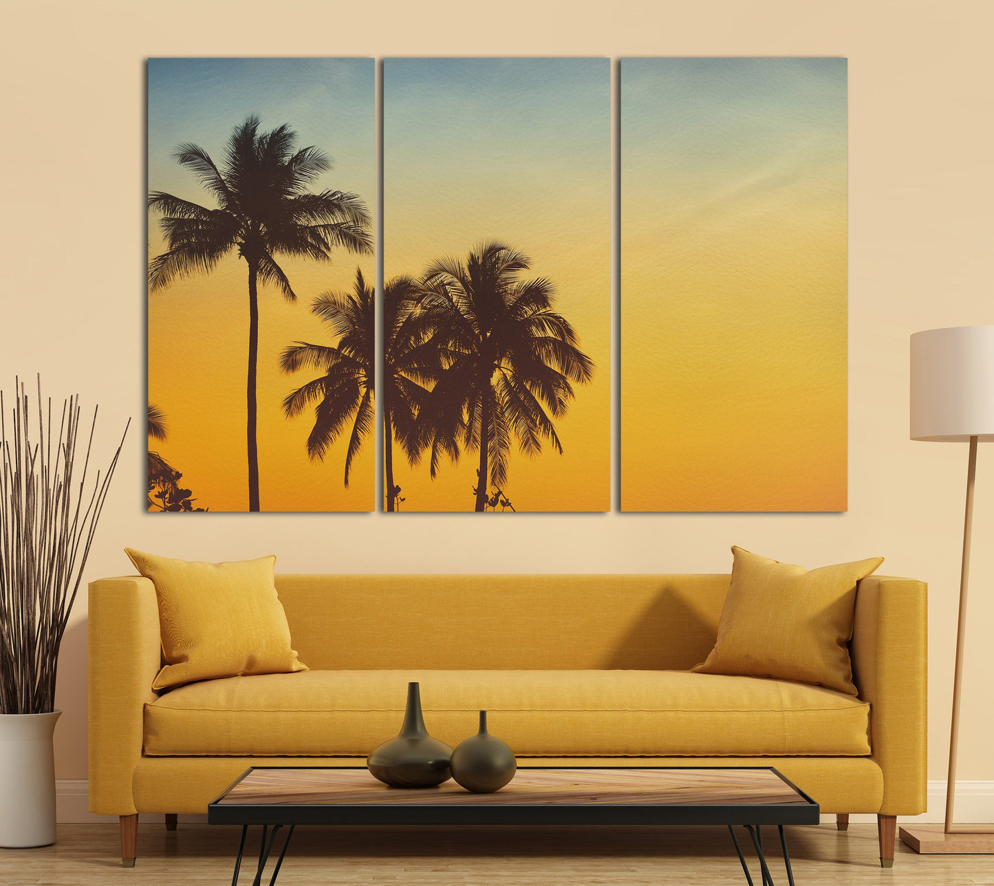 Palm Tree Silhouette at Sunset Wall Art Canvas Eco Leather Print 3 Panels Sofa