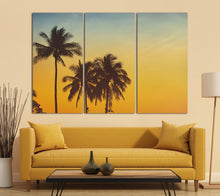 Laden Sie das Bild in den Galerie-Viewer, Palm Tree Silhouette at Sunset Wall Art Canvas Eco Leather Print 3 Panels Sofa