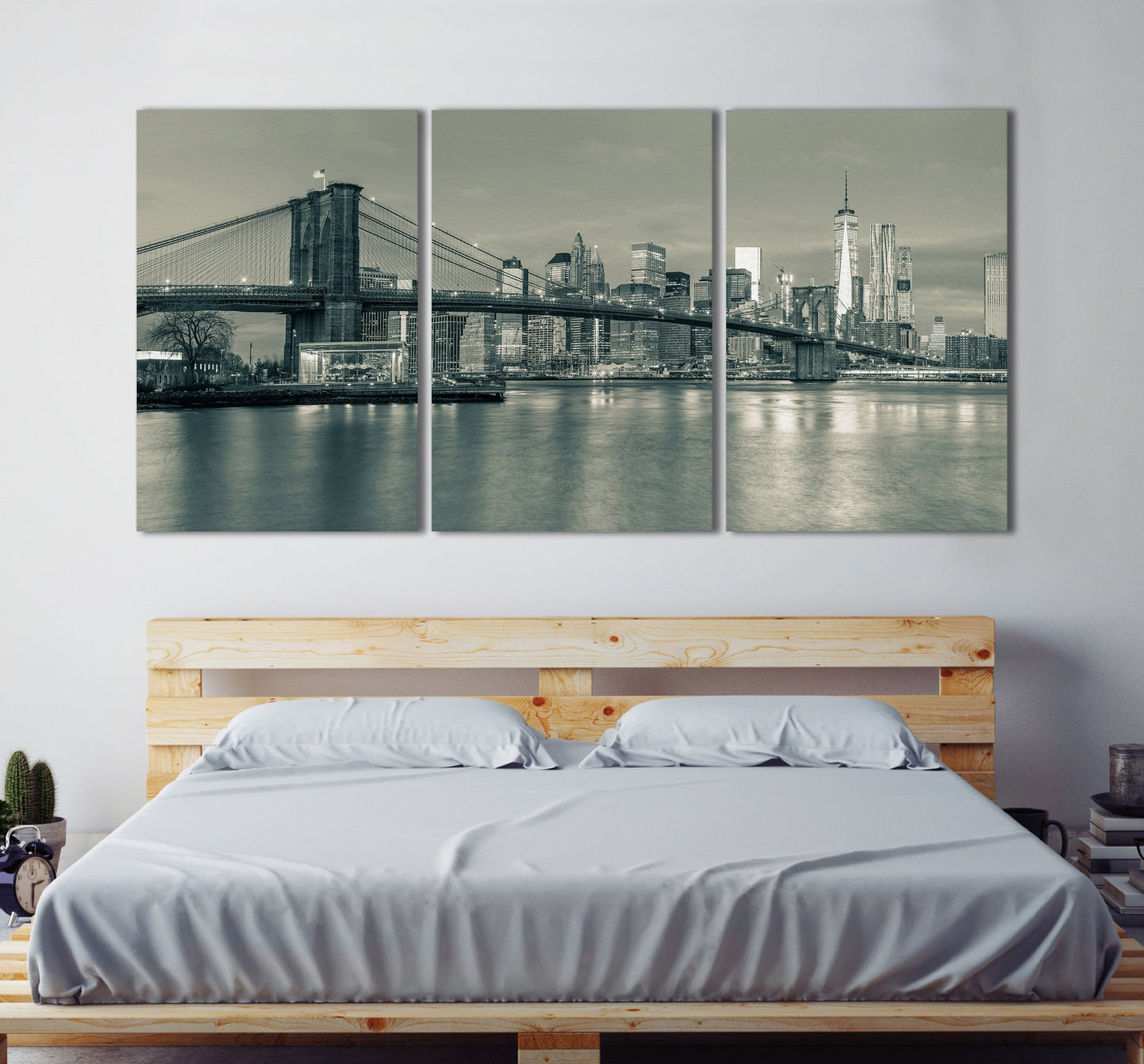 Brooklyn Bridge Black and White Framed Canvas Leather Print