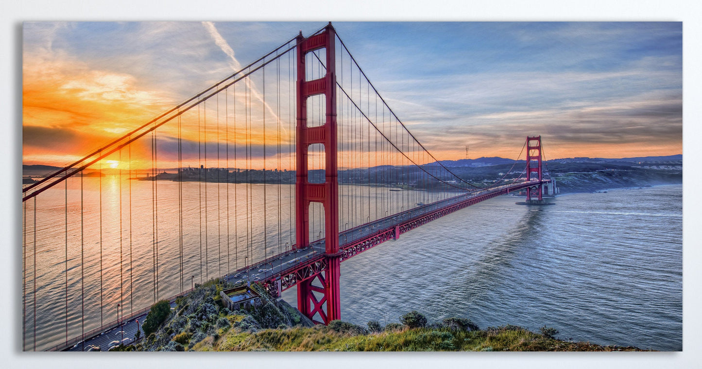 Golden Gate at Sunset, San Francisco Framed Canvas Leather Print
