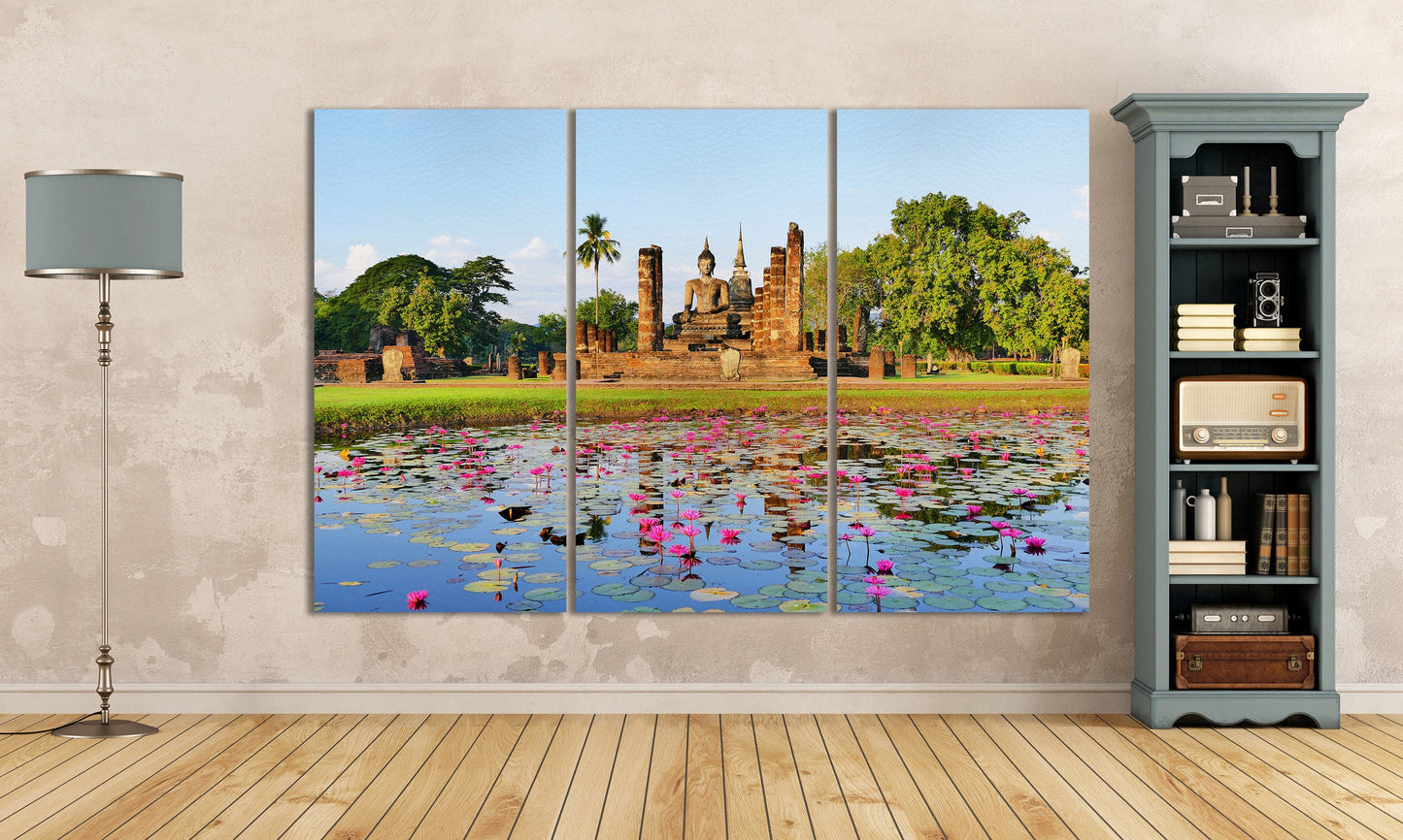 Buddhist Temple Wat Mahathat Sukhothai Historical Park Canvas Eco Leather Print, Made in Italy!