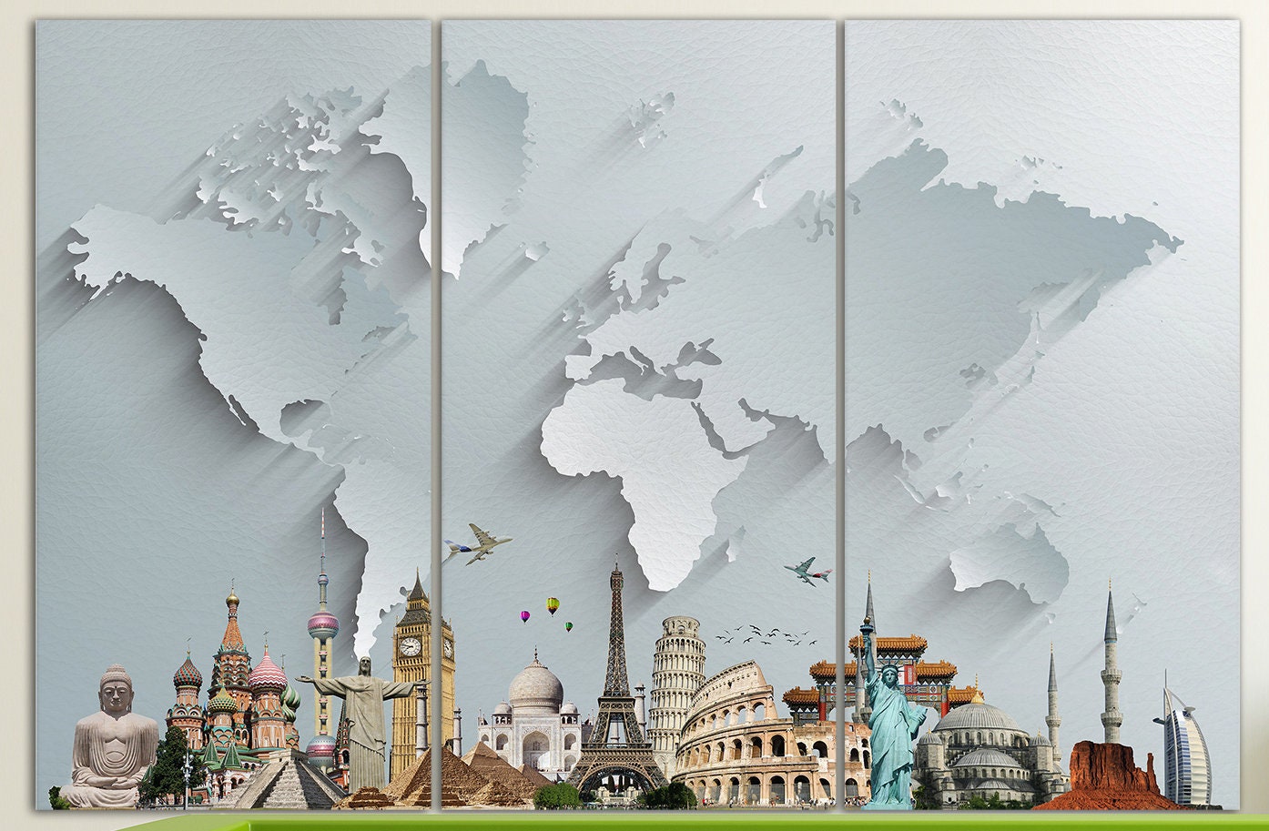 Silver World Map With Monuments Framed Canvas Leather Print