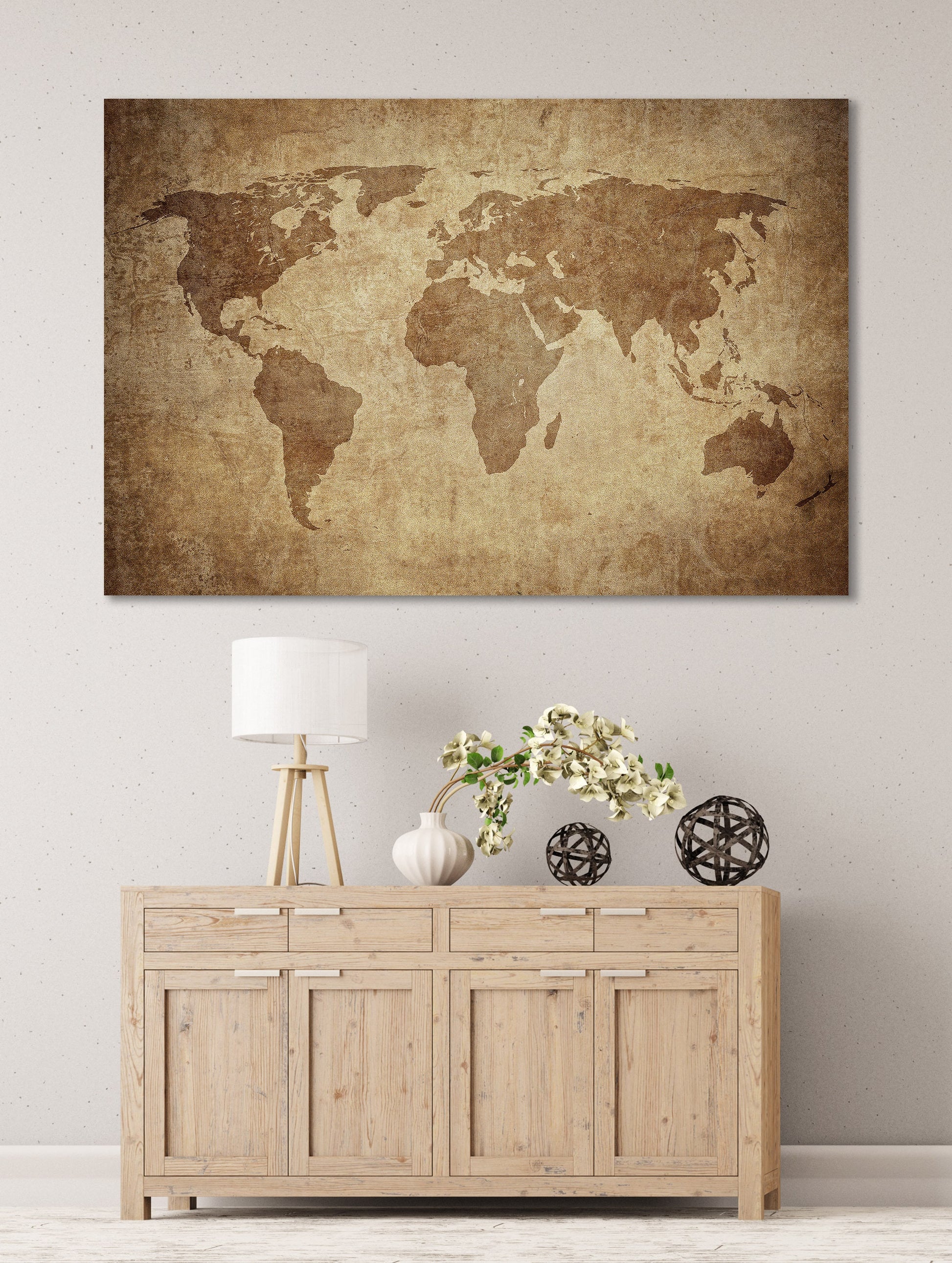 Large Brown Grunge World Map Framed Canvas Leather Print