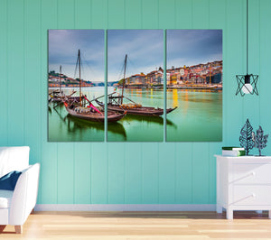 3 Panel Porto, Portugal Douro River with Traditional Rabelo Framed Canvas Boats Leather Print