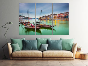 3 Panel Porto, Portugal Douro River with Traditional Rabelo Framed Canvas Boats Leather Print