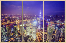 Carica l&#39;immagine nel visualizzatore di Gallery, 3 Panel Shanghai Skyline at Night Framed Canvas Leather Print