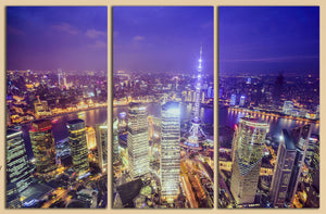 3 Panel Shanghai Skyline at Night Framed Canvas Leather Print