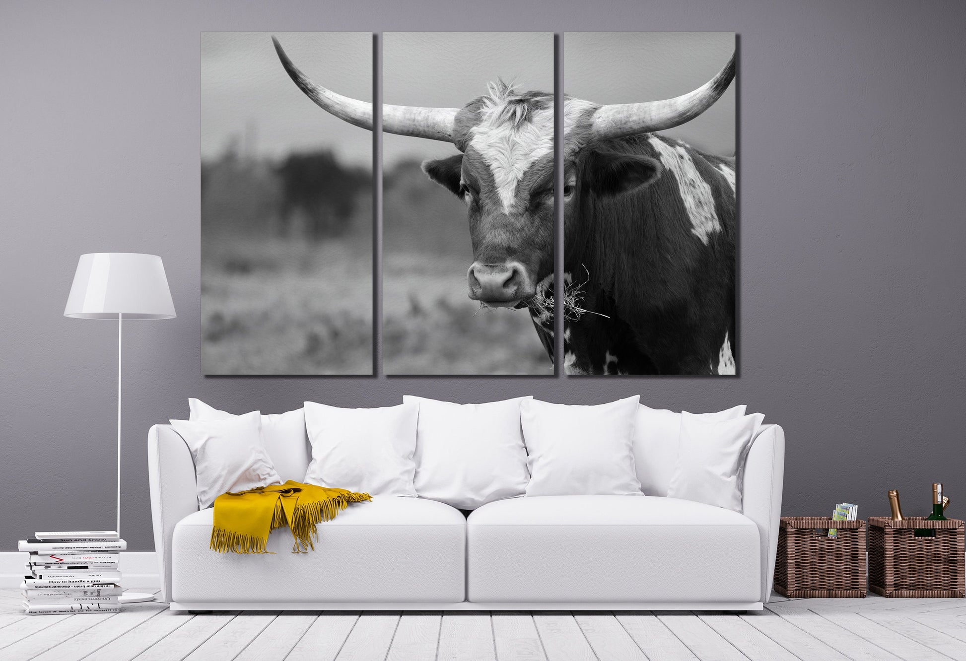Texas Longhorn Steer Black And White PETA Approved Faux Leather Art