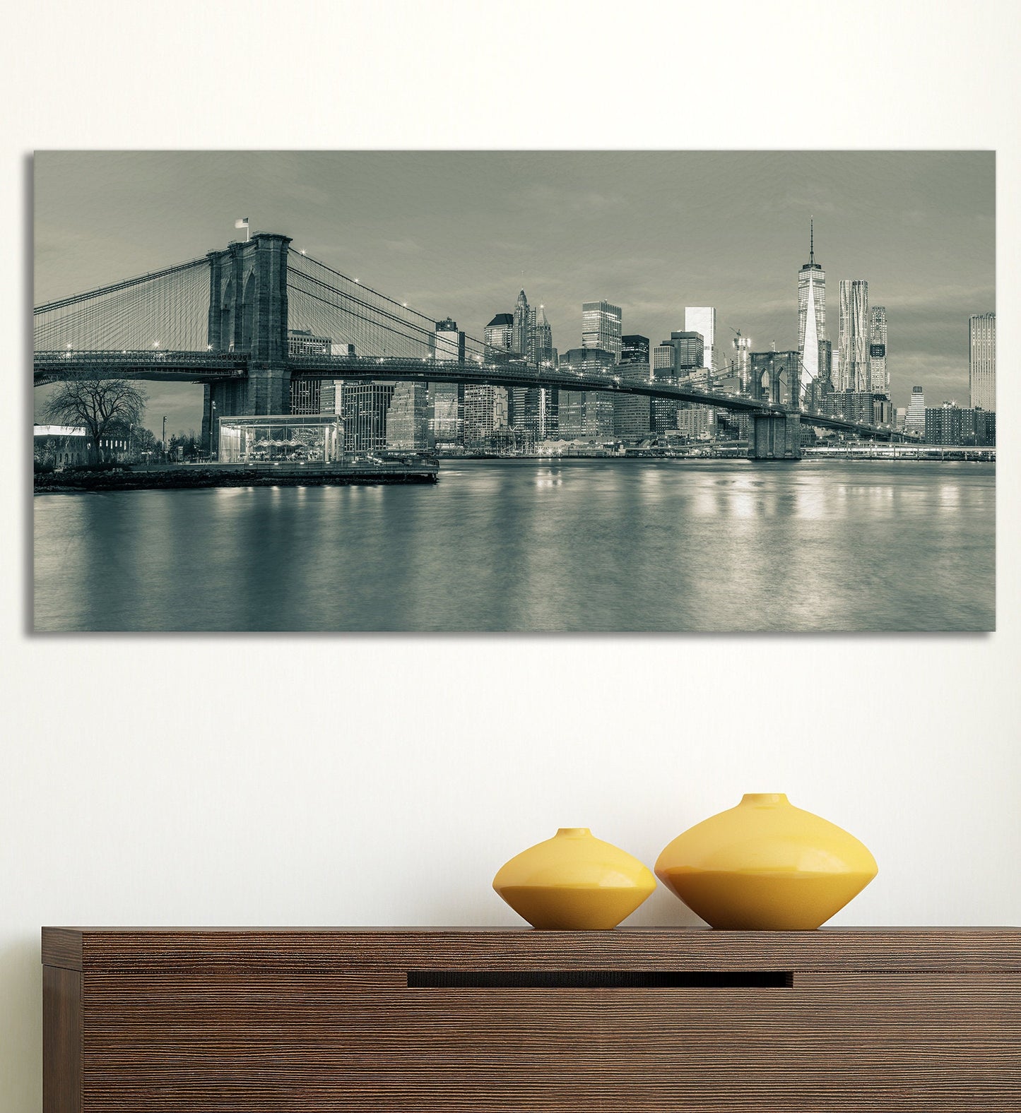 Brooklyn Bridge Black and White Framed Canvas Leather Print