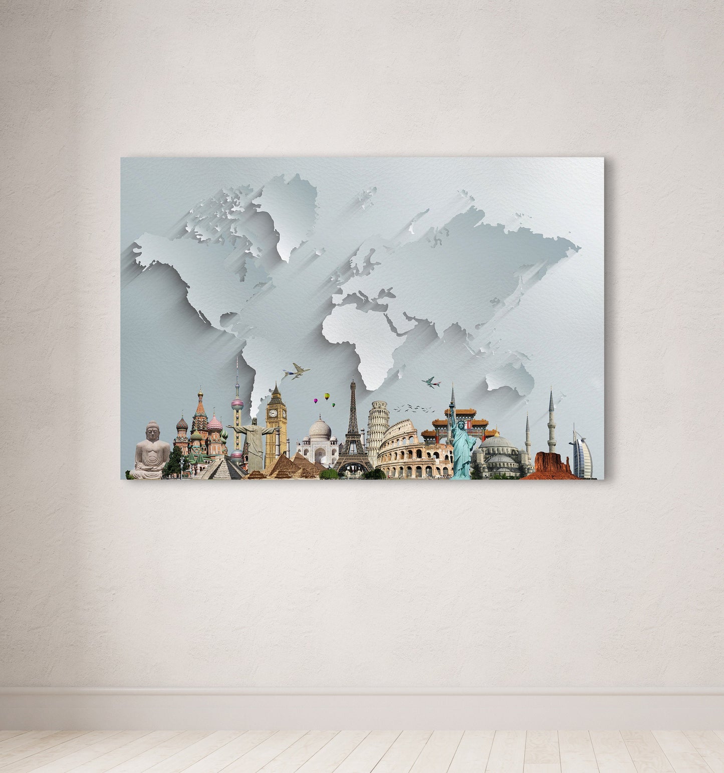 Silver World Map With Monuments Framed Canvas Leather Print