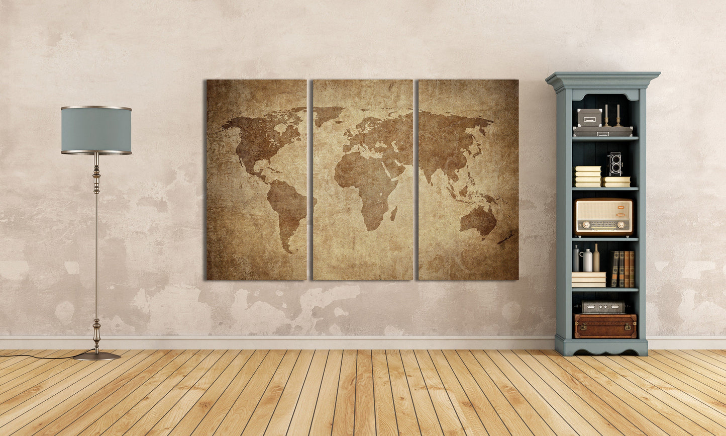 Large Brown Grunge World Map Framed Canvas Leather Print