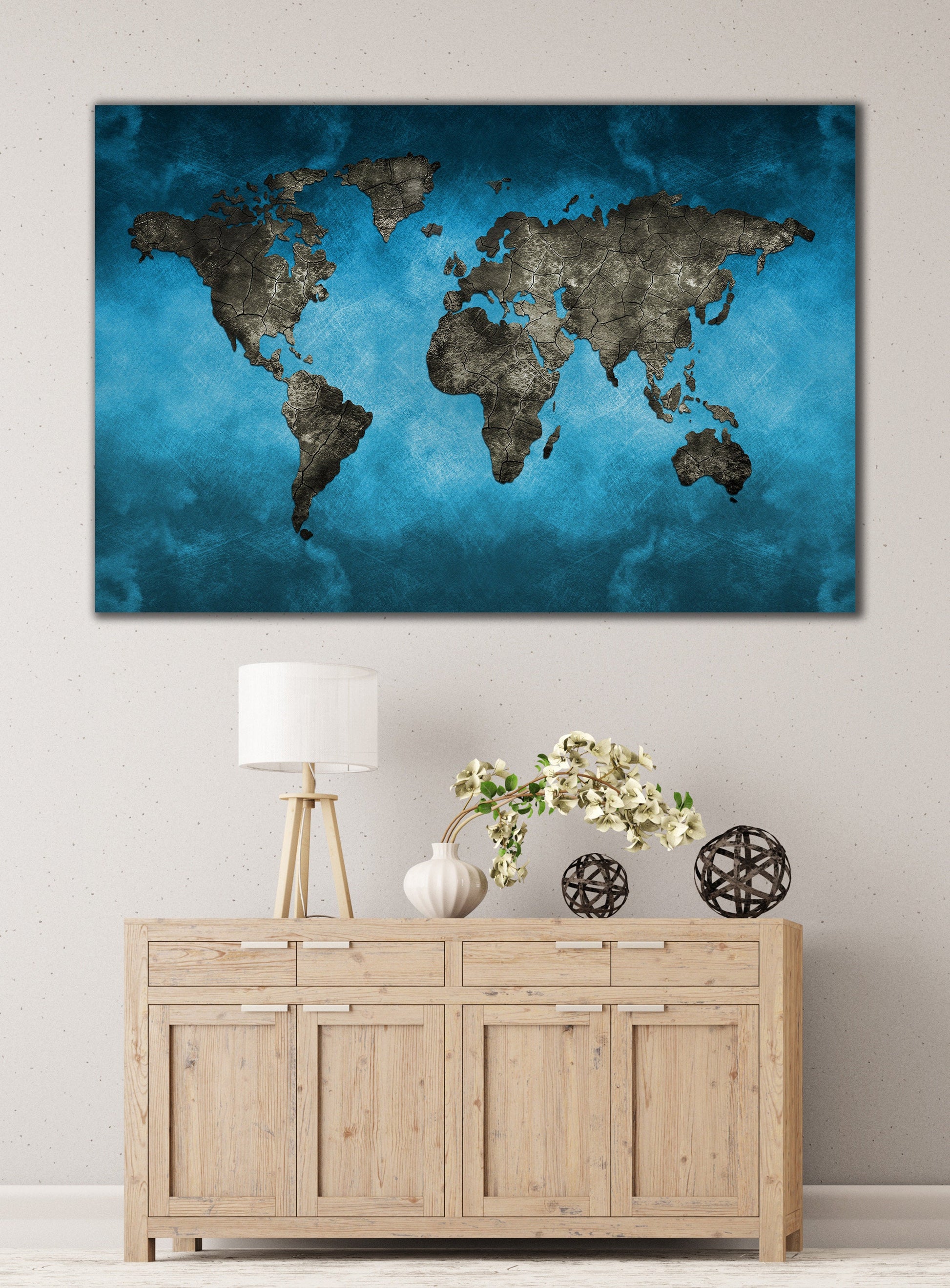 Bluetech World Map Framed Canvas Leather Print