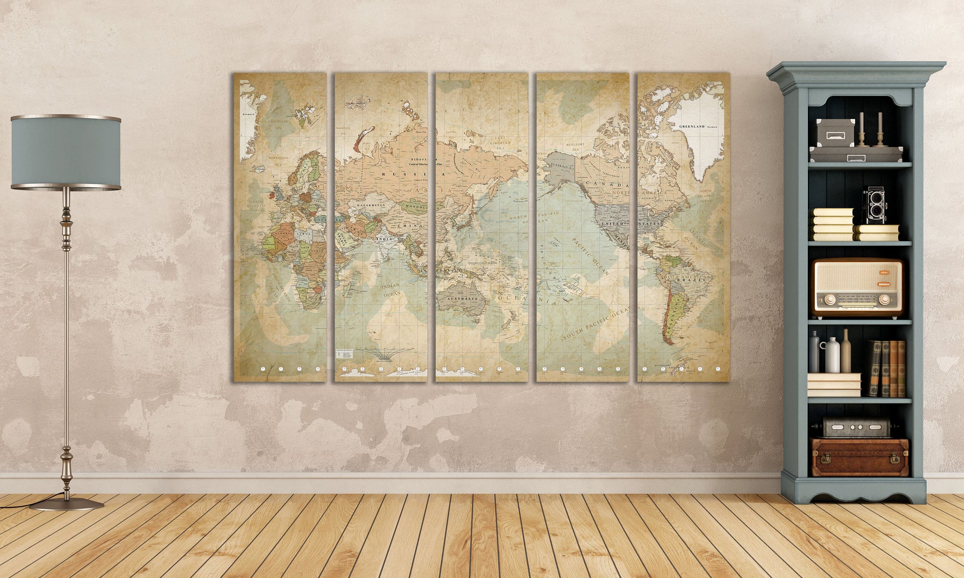 Push Pin Map of the World Africa on Left Framed Canvas Leather Print