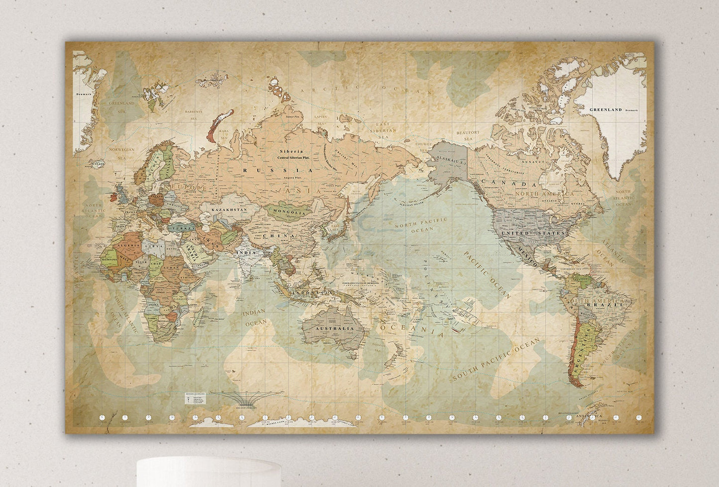 Push Pin Map of the World Africa on Left Framed Canvas Leather Print