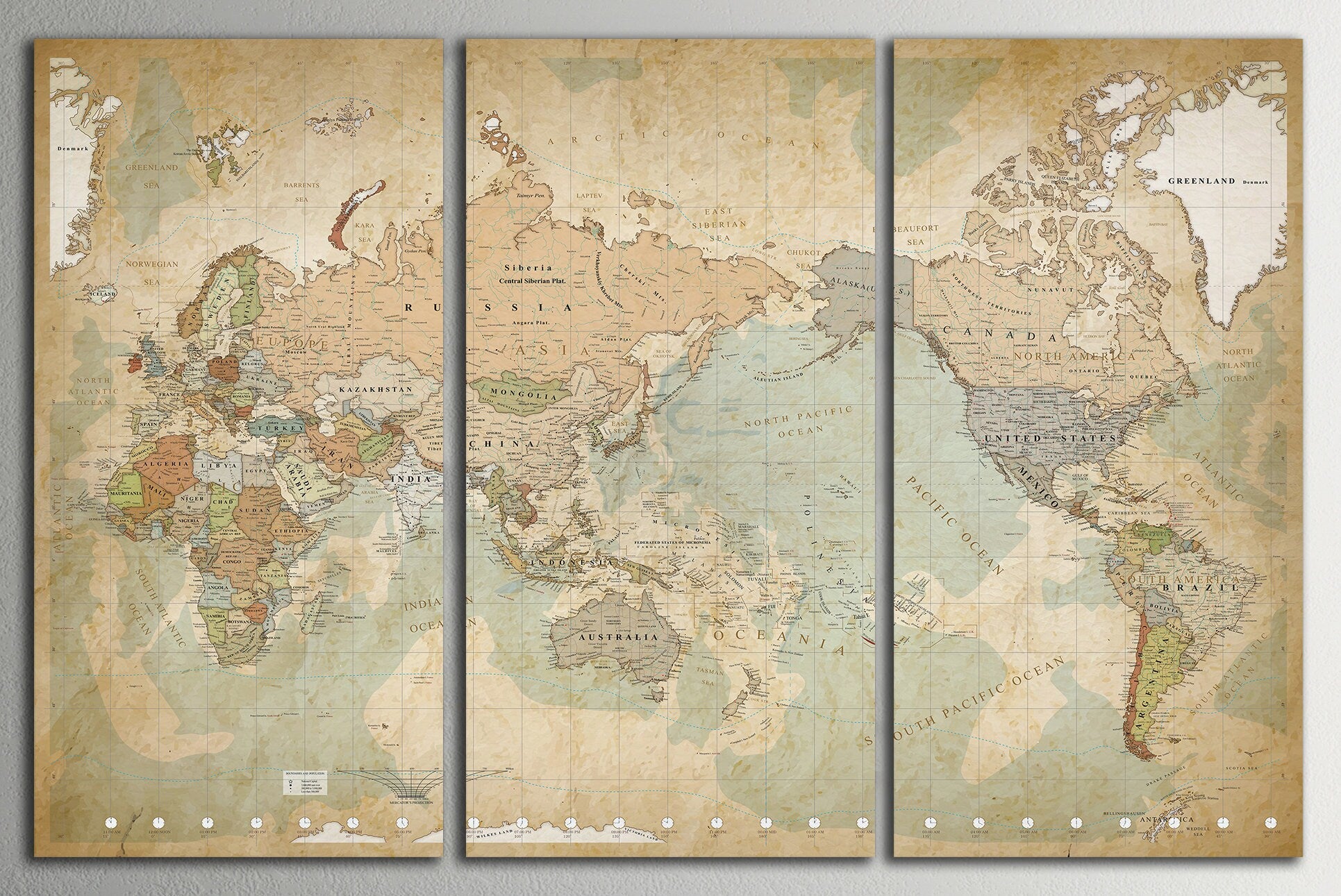 Push Pin Map of the World Africa on Left Framed Canvas Leather Print