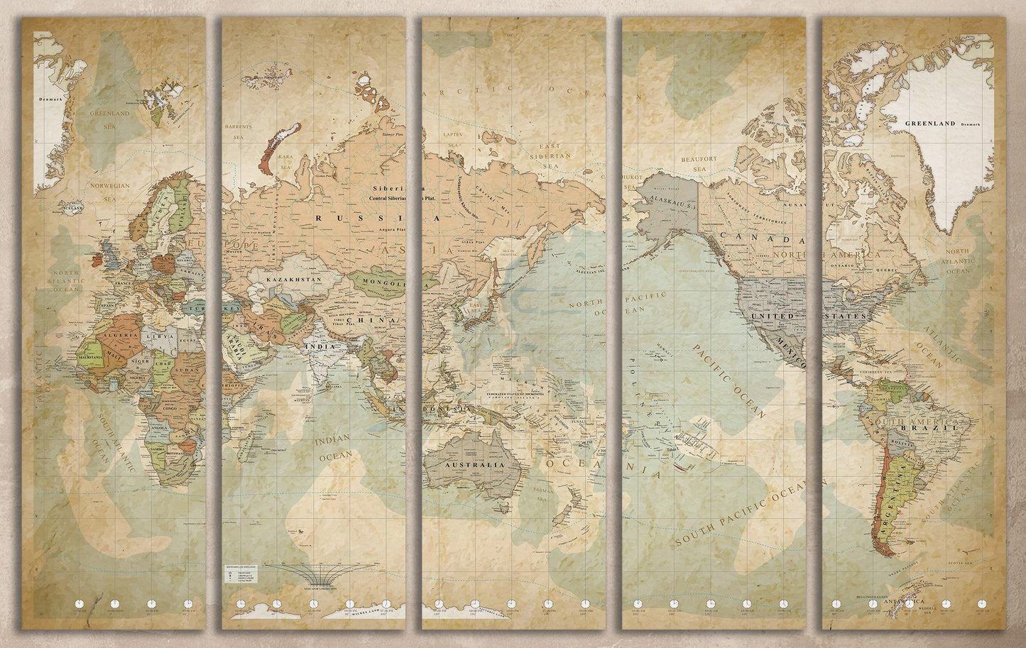 Push Pin Map of the World Africa on Left Framed Canvas Leather Print