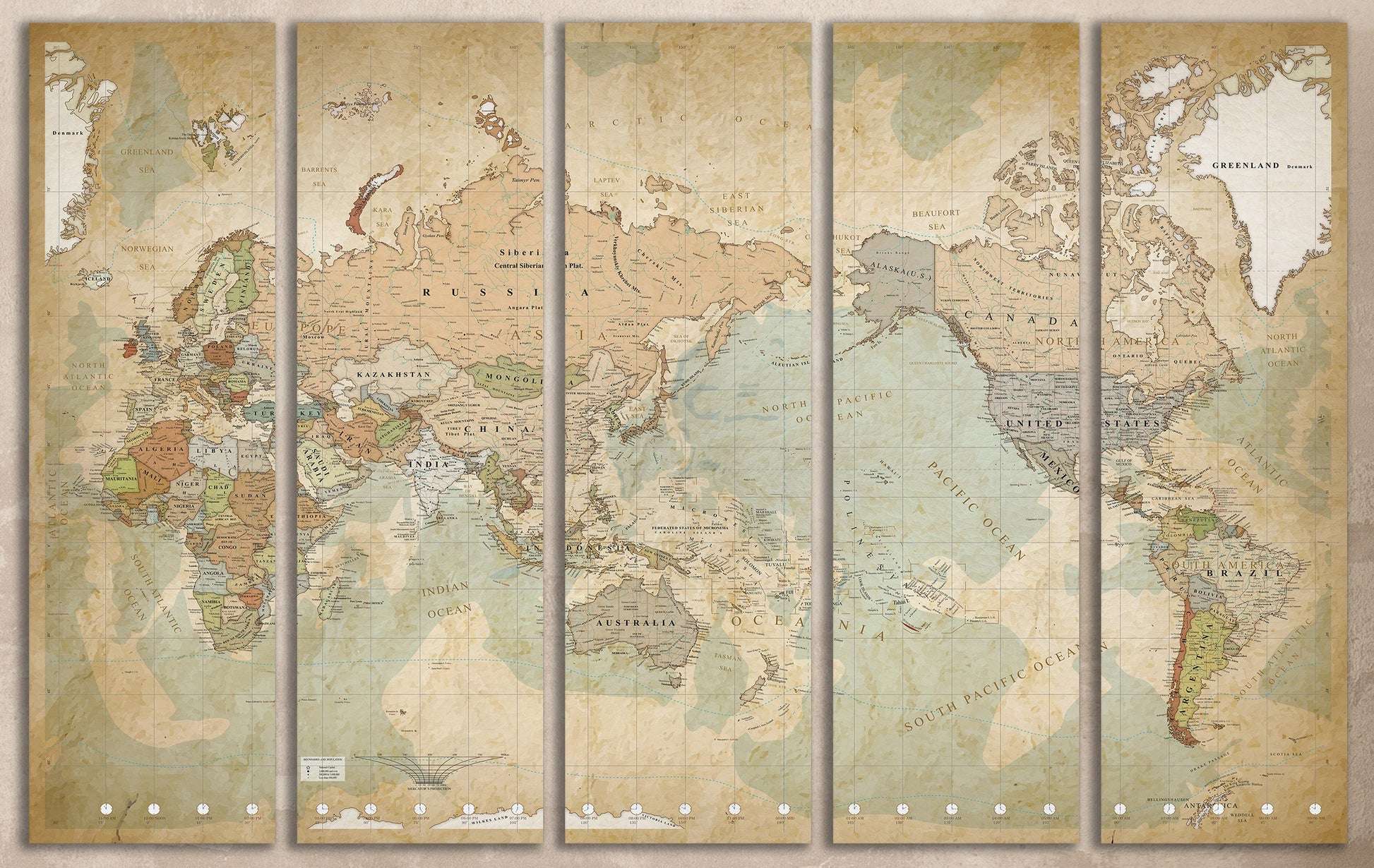 Push Pin Map of the World Africa on Left Framed Canvas Leather Print