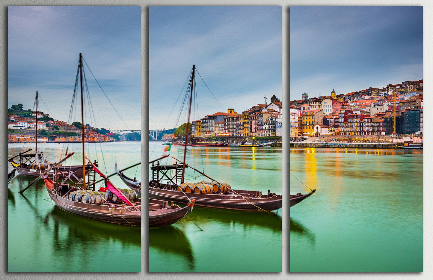 Porto Portugal Douro River with Traditional Rabelo Boats Canvas Eco Leather Print, Made in Italy!