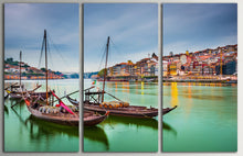 Load image into Gallery viewer, 3 Panel Porto, Portugal Douro River with Traditional Rabelo Framed Canvas Boats Leather Print