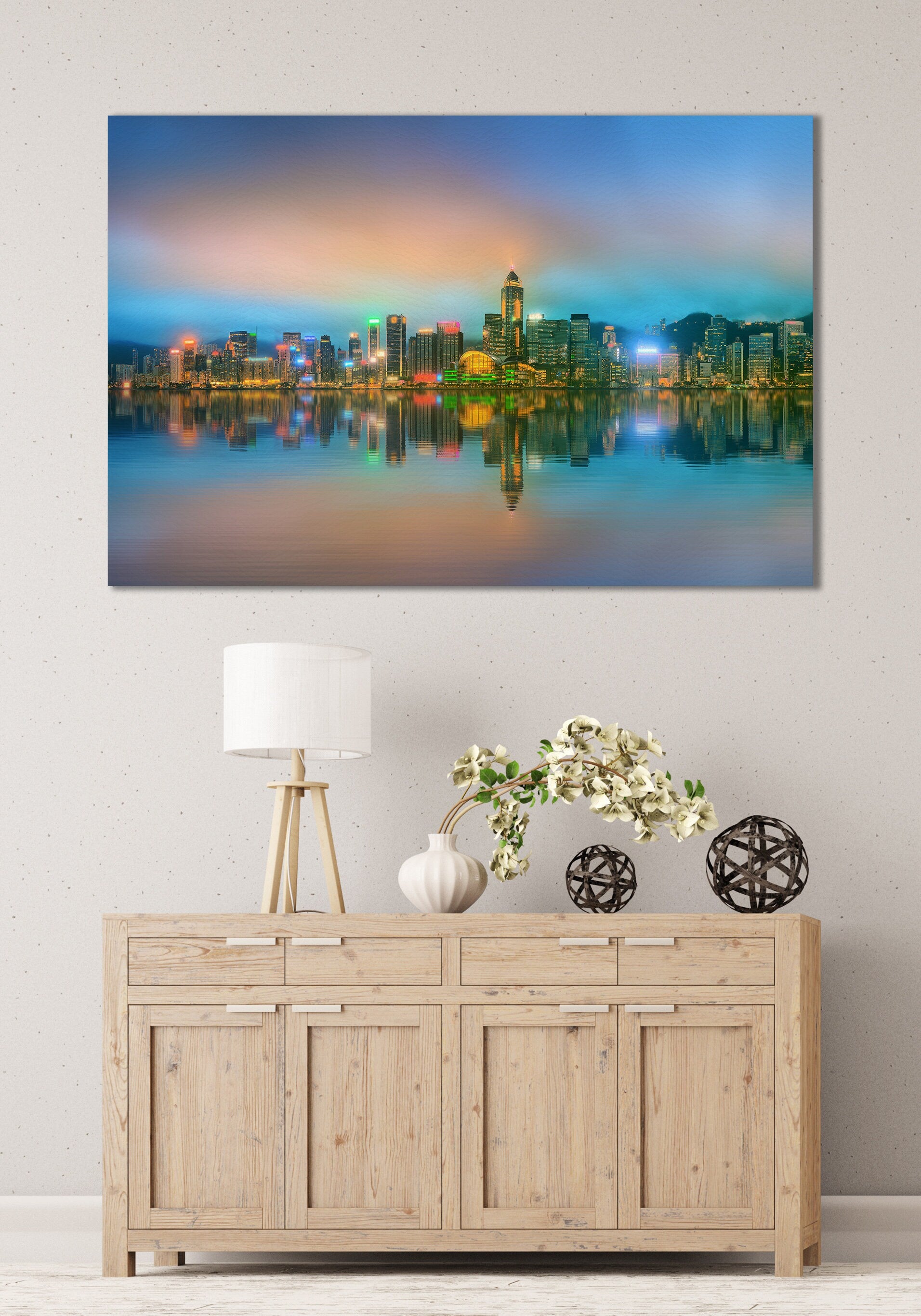 Hong Kong Panoramic Framed Canvas Leather Print