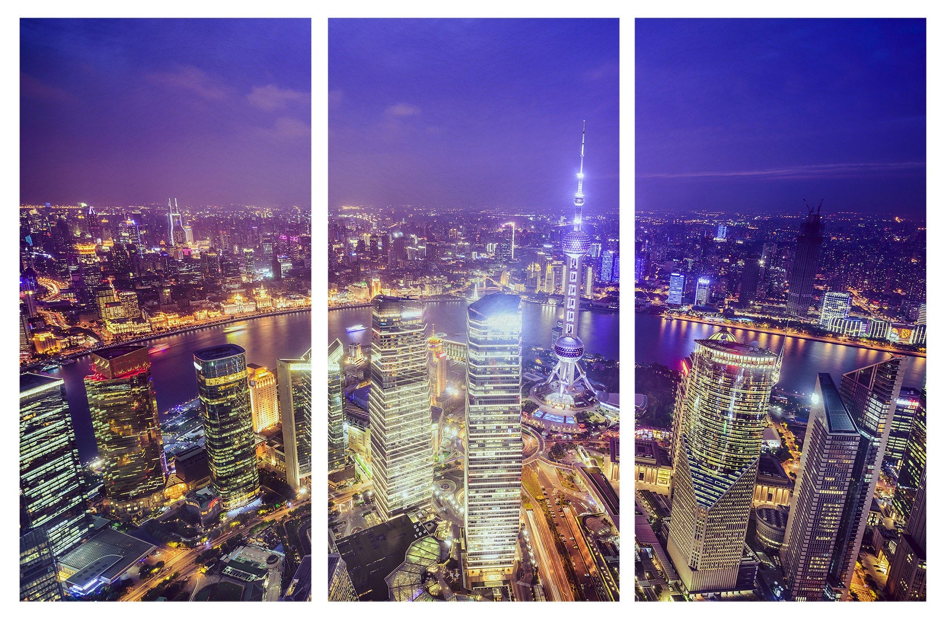 Shanghai Skyline at Night Canvas Eco Leather Print, Made in Italy!