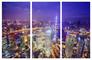 3 Panel Shanghai Skyline at Night Framed Canvas Leather Print