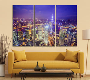 3 Panel Shanghai Skyline at Night Framed Canvas Leather Print