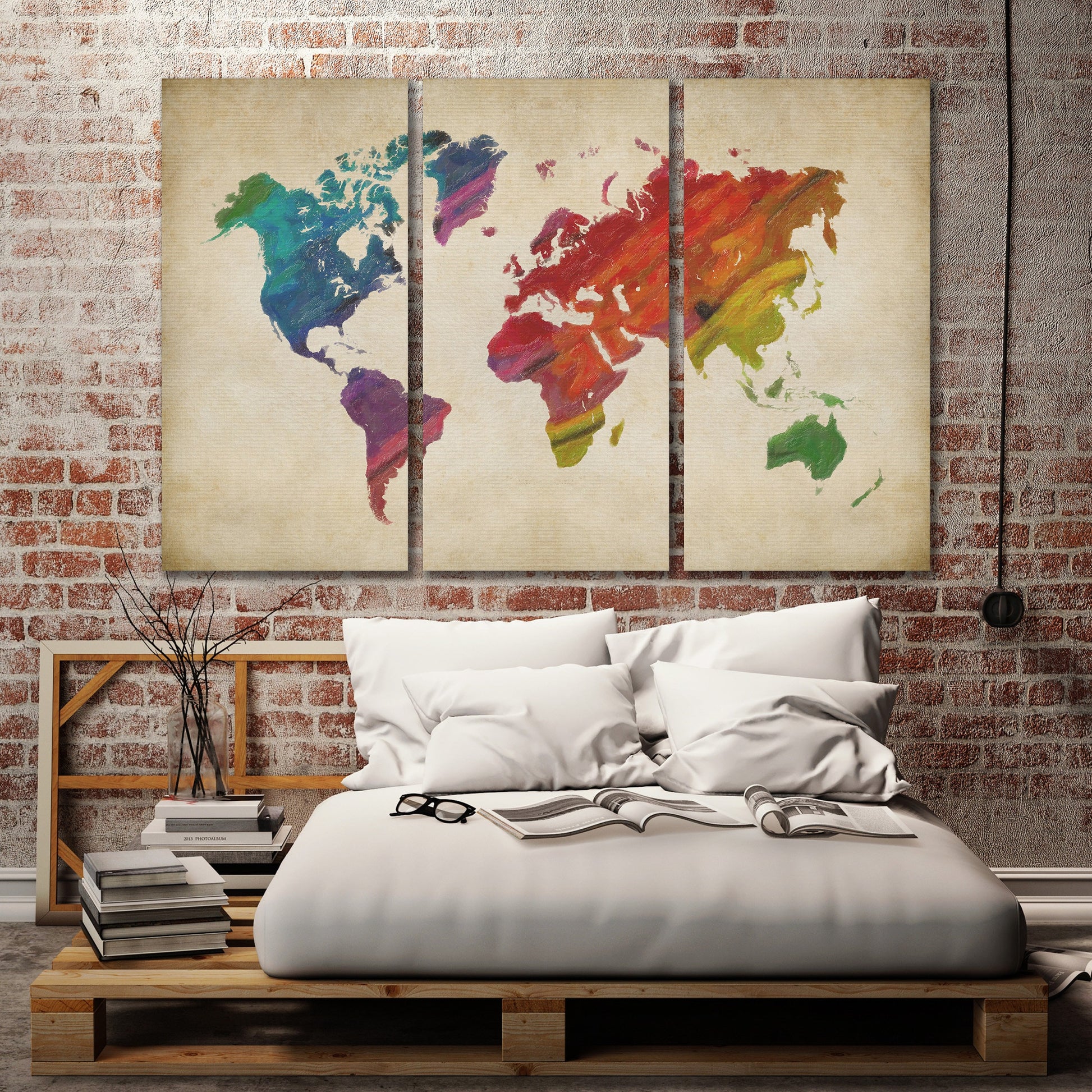 Rainbow World Map on beige background framed canvas leather print