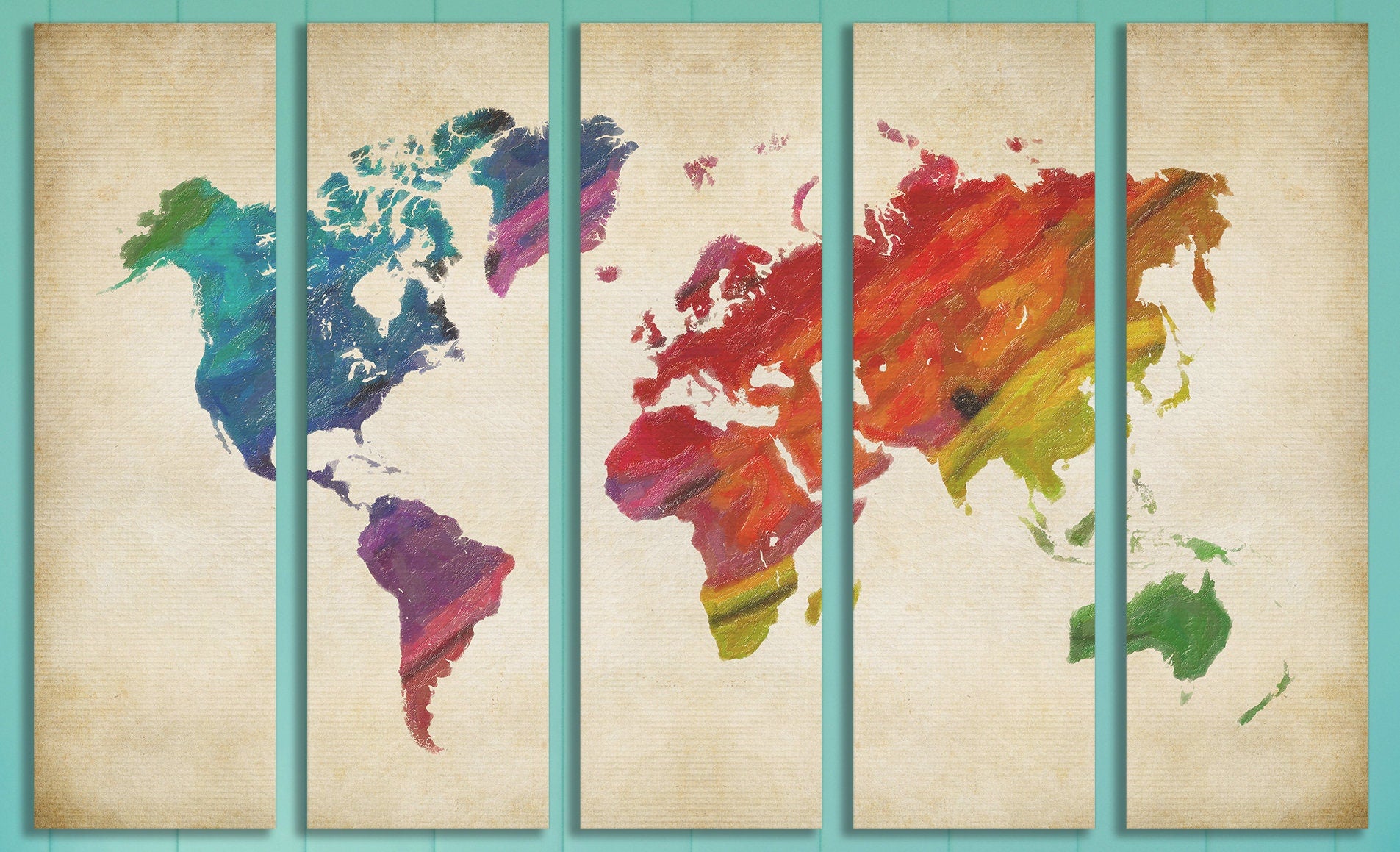 Rainbow World Map on beige background framed canvas leather print